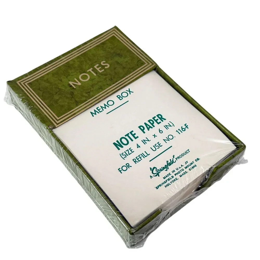Vintage Memo Box Note Holder Green Springfield Stationery 4x6 Desk Accessory NOS